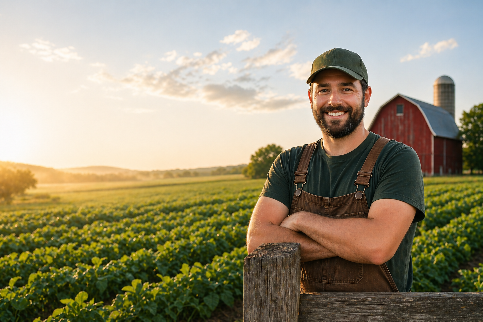 Smiling farmer standing in a sunlit crop field beside a red barn