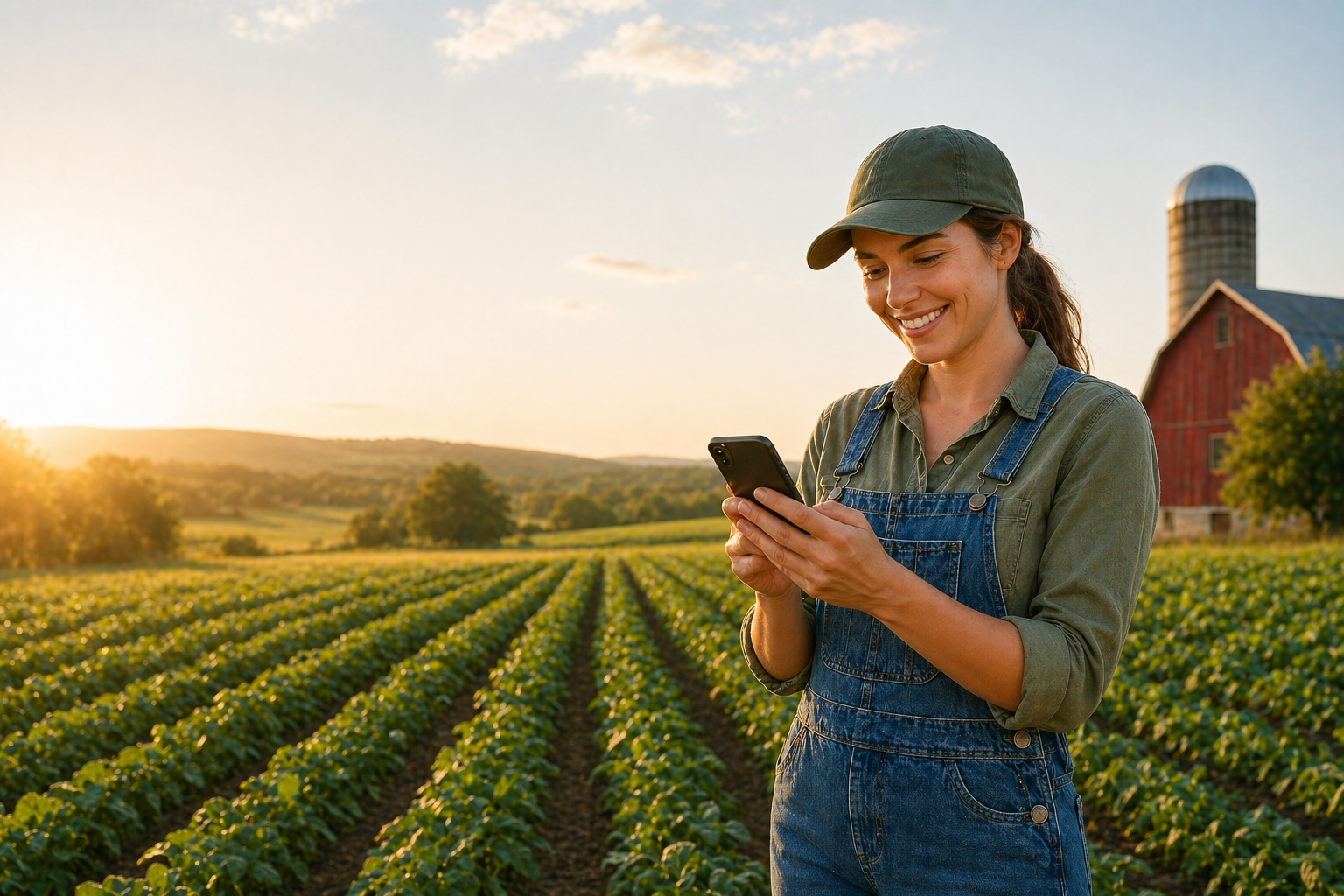 Farmer checking her phone while standing in a sunlit crop field